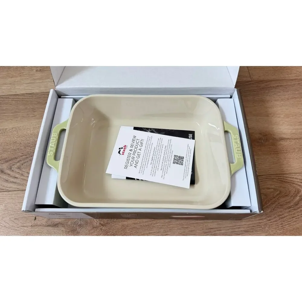 Staub Ceramic Rectangular Gratin Baking Dish Macaron Pastel Green NIB